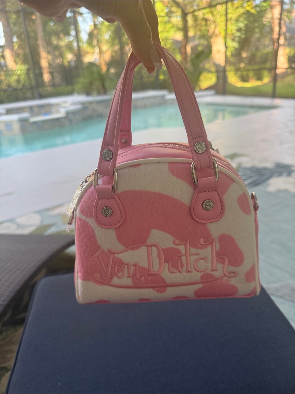 Von Dutch Pink and Cream Mini Dome Satchel Bag